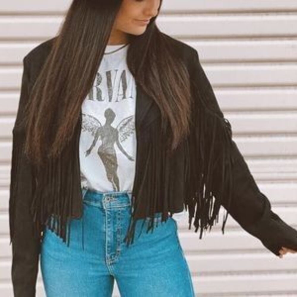Black Tassel suede women fringe jacket long sleeve jacket boho festival - Picture 4 of 5